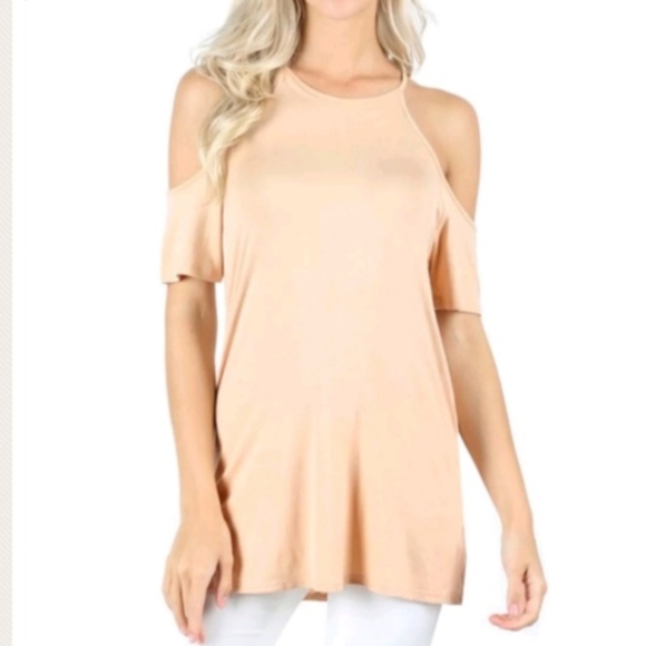 Beige cold shoulder loose flowy lounge relaxed top - Picture 1 of 2